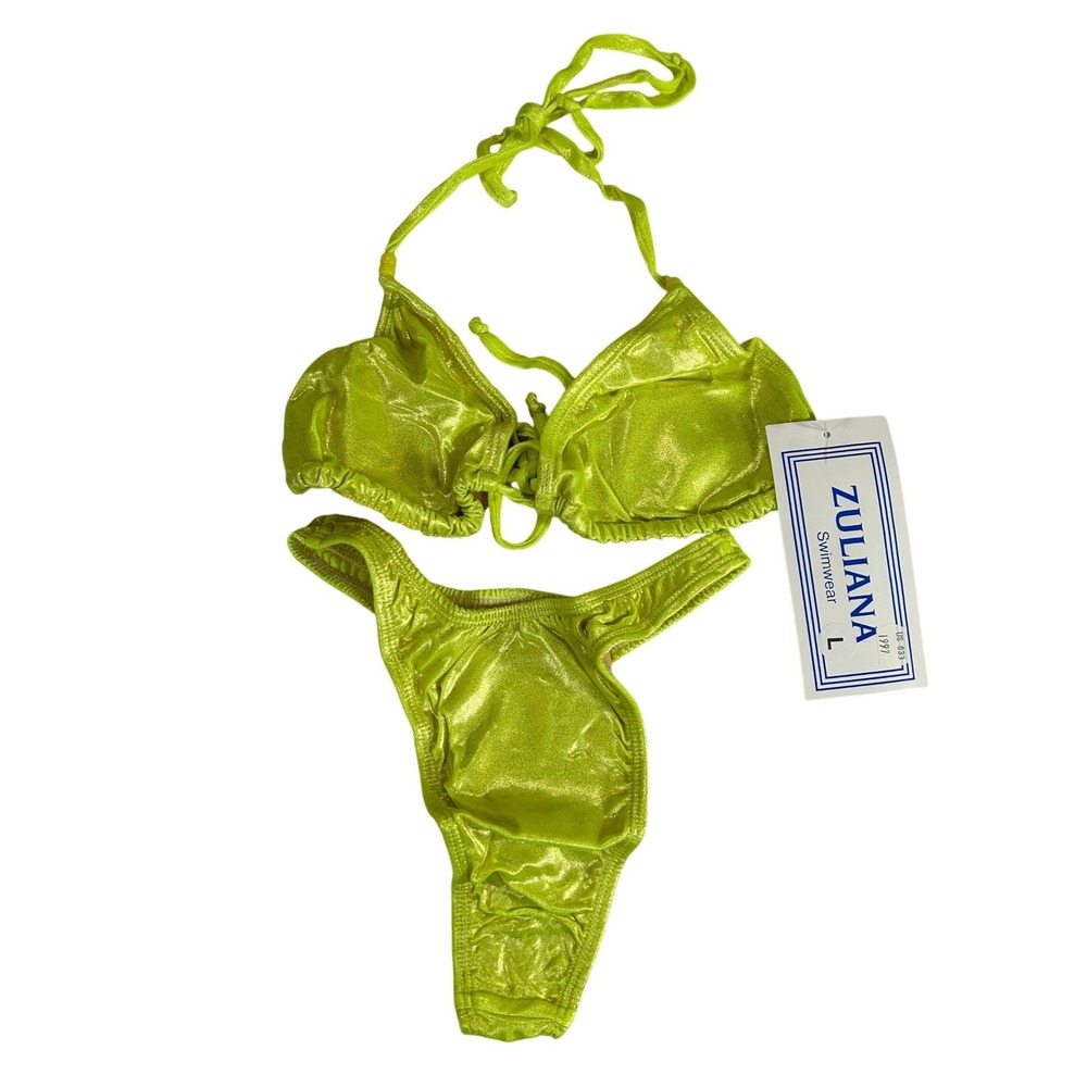 Zuliana Neon Green Metallic Bikini Set High Cut Brazilian Size Large